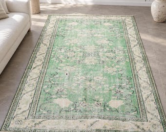 Alfombra turca Oushak, alfombra floral verde y beige hecha a mano, alfombra grande de lana para sala de estar, 5.8x9.4, estilo vintage anudado a mano.