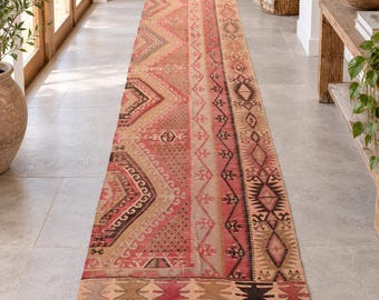 Alfombra turca Kayseri, Kilim rojo tejido a mano, Alfombra Kilim de tejido plano, 3,1 x 12,4, Alfombra de pasillo vintage geométrica, Decoración bohemia