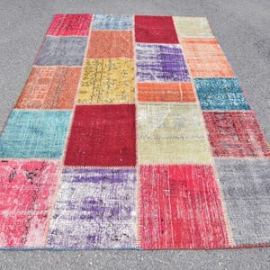 Groot vintage patchwork vloerkleed (158 x 238 cm), Turks rood patchwork vloerkleed