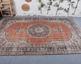 Oversize Rug Vintage Turkish Anatolian Rugs For Salon 6.9x10.8 ft Orange Muted Bedroom Colorful Neutral Medallion Design Flatweave Pastel