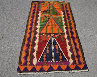3.37x5.7 ft Kilim Turkish Rug, Orange Striped Vintage Rug Wool