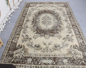 Vintage Oushak Large Rug 5.2x8.3 ft (158x253 cm), Turkish Beige Patchwork Rug