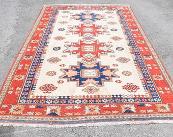 Vintage Turkish Area Rug, 6x9ft, Geometric Pattern, Bold Red and Blue Design, Handmade Wool Carpet, Authentic Anatolian Decor