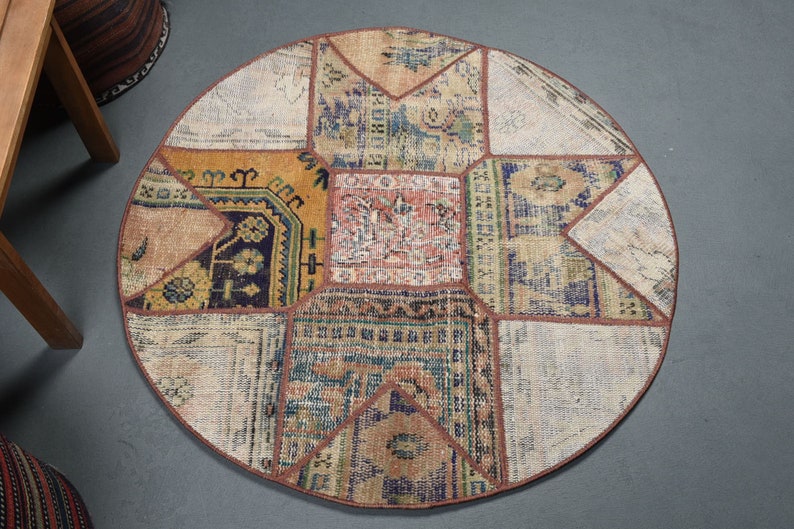 Round Rug, Small Rug, Turkish Rug, Vintage Rug, Oushak Carpet, 41x41 inches Beige Carpet, Bohemian Kitchen shops Rugs, 8845