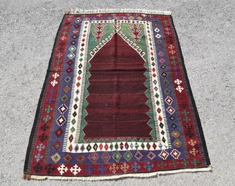 Turkish Vintage Rug, 4x5.4 ft Kilim Rug, Red Blue Bordered Rug