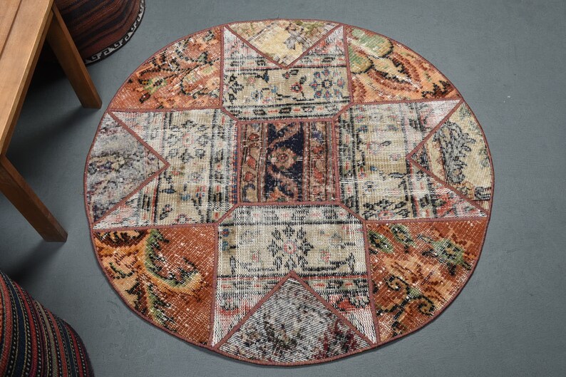 Round Rug, Turkish shops Rug, Vintage Rug, Small Rug, Oushak Rug, 41x41 inches Brown Rug, Handmade Entry Rug, Decorative Kitchen Carpet, 8862