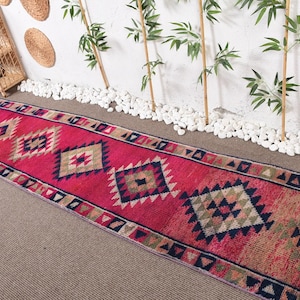 Vintage Turkish Rug, Anatolian Runner Rug, Handmade Hallway Carpet, Pink Geometric Design, 2x11 ft, Long Boho Rug Decor, Flat Weave Rug,