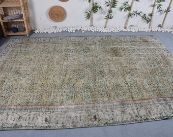Vintage Rug Turkish Oversize Rugs Oushak For Dining Room 7x10.2 ft Green Bedroom Decorative Antique Eclectic Aesthetic Outdoor Anatolian