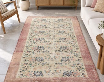 Turkish Vintage Oushak Rug, Beige Floral Handwoven Rug, 4.3x6.9, Hand Knotted Vintage Area Rug for Living Room or Bedroom