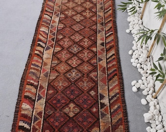 Vintage Turkish Rug, 2.9x11.5 ft Herki Rug, Red Camouflage Wool Rug