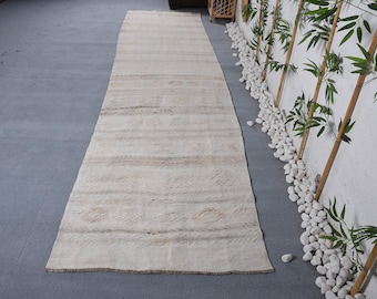 Vintage loper 3,1 x 12,7 ft, beige Zuidwest-Europees wollen tapijt