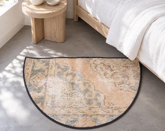 Turkish Oushak Rug, Vintage Floral Mini Rug, 2.5x1.5, Beige and Gray Hand Knotted Semicircle Bedside Accent Rug