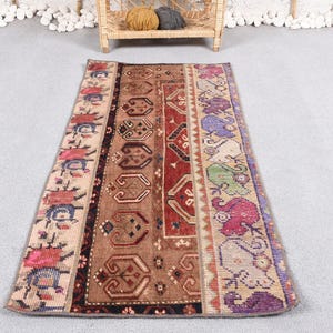 Vintage Rug Small Turkish Oushak Rugs For Entry 1.8x3.5 ft Brown Patchwork Door Mat Wool Bohemian Turkey Distressed Bright Hand Woven Muted