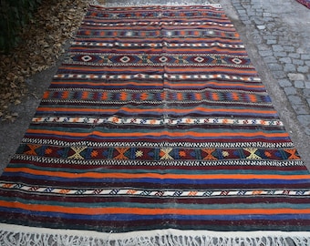 Alfombra turca, alfombra vintage grande de 1,80 x 3 metros, alfombra de lana lisa azul y naranja.