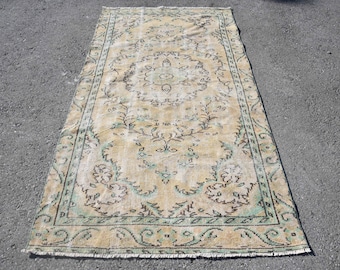 Vintage Rug, Area 4.2x7.8 ft Turkish Rug, Beige Animal Print Wool Rug