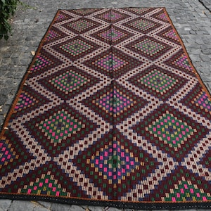 Vintage Turkish Kilim, Geometric Design, Handwoven Rug, Bohemian Decor, Multicolor Wool, 6x10ft, Anatolian Carpet, Statement Piece