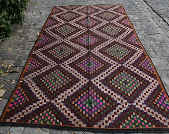 Alfombra vintage de 5,8x10,4 pies, alfombra turca Kilim, lana de alfombra sólida marrón
