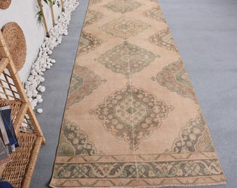 3.3x12.6 ft Runner Turkish Rug, Vintage Rug, Beige Brown Solid Wool Rug