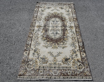 Alfombra turca Oushak, 1 x 2 metros, estilo vintage, color beige, de lana lisa.