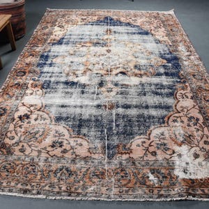 Vintage Turkish Area Rug, Aged Look, 6x10ft, Vibrant Blue and Warm Beige, Bohemian Floral Design