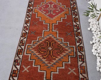 Vintage 3.1x11.2 ft Rug, Runner Turkish Rug, Red Orange Check Rug