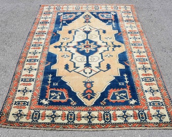 Turkish Rug, Vintage Rug, 5.1x6.8 ft Area Rugs, Oushak Rugs, Rugs For Dining Room, Blue Moroccan Rugs, Boho Area Rug, Ethnic Kitchen Rugs,,