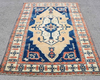 Turkish Rug, Vintage Rug, 5.1x6.8 ft Area Rugs, Oushak Rugs, Rugs For Dining Room, Blue Moroccan Rugs, Boho Area Rug, Ethnic Kitchen Rugs,,