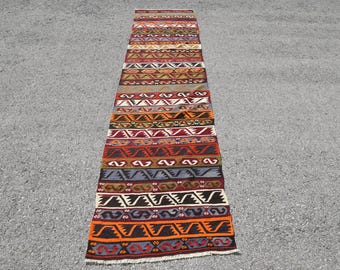 Vintage Turkish Rug 2.5x10.7 ft (75x325 cm), Kilim Red Blue Rug