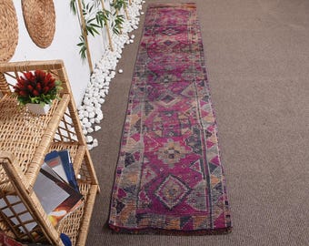 Turkish Herki Runner Rug 2x10.7 ft (62x327 cm), Vintage Pink Persian Wool Rug