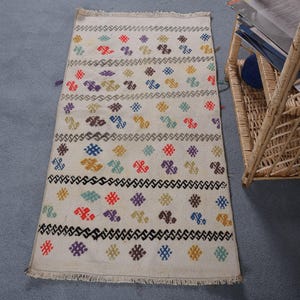 Vintage Turkish Kilim Rug, 2x4ft, Colorful Handwoven Carpet, Ethnic Home Decor, Geometric Patterns, Handmade Wool Area Rug, Boho Floor Mat