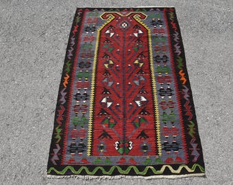 Turkish Rug, Accent 3.2x4.7 ft Rug, Kilim Red Floral Rug