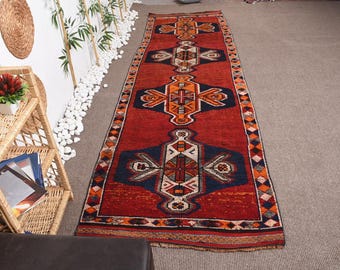 Turkish Rug, 3.4x11.7 ft Runner Vintage Rug, Herki Red Orange Patchwork Rug