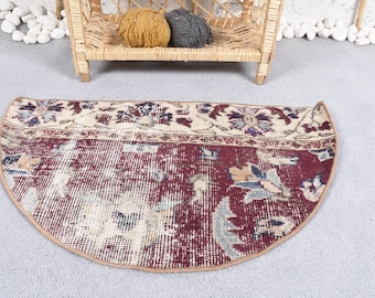 Vintage Round Rug, 2.5x1.5 ft Turkish Rug, Red Camouflage Wool Rug