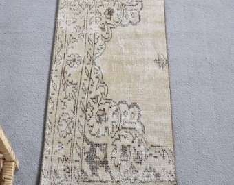 Turkish 1.5x4.7 ft Rug, Small Vintage Rug, Beige Floral Wool Rug