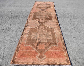 Turkish Oushak Runner Rug 3.8x13.5 ft (117x411 cm), Vintage Brown Abstract Rug