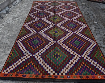 Alfombra turca vintage, alfombra Kilim de 1,74 x 3,35 m, alfombra degradada azul y roja.