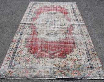 5.4x8.9 ft Turkish Rug, Vintage Large Rug, Red Beige Southwestern Rug