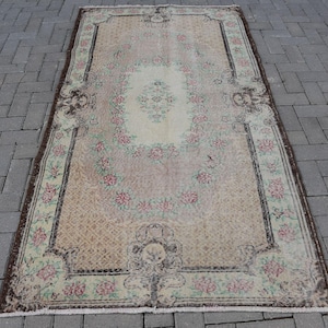 Turkish Rug, 3.9x7.2 ft Vintage Area Rug, Anatolian Carpet, Floral Pattern, Living Room Rug, Eco-Friendly Decor