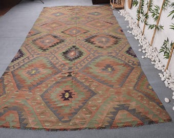 Turkish Oversize Rug 6.3x12.8 ft (192x390 cm), Kilim Green Floral Vintage Rug