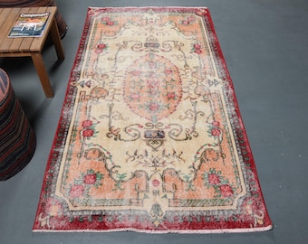Alfombra vintage con medallón, alfombra Oushak, alfombra de entrada de 1,1 x 2 metros, alfombra beige, alfombra tradicional turca anudada a mano.