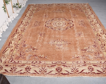 Turkish Vintage Rug, 6.9x9 ft Large Rug, Beige Red Bordered Wool Rug