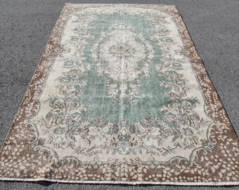 Alfombra turca vintage de 182 x 290 cm (6 x 9,5 pies), alfombra marroquí Oushak verde beige.