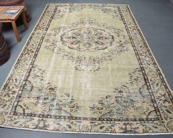 Alfombra turca Isparta verde para comedor, alfombra con medallón, 1,86 x 3 metros, alfombra grande Oushak vintage anudada a mano.