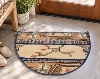 Turkish Melas Rug, Beige Wool Patchwork Rug, Small Vintage Rug, Blue Traditional Entryway Accent Rug, Compact 2.5x1.5