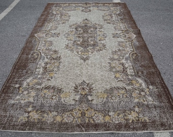 Alfombra turca grande de 1,8 x 3 metros, alfombra vintage de lana con estampado floral marrón.