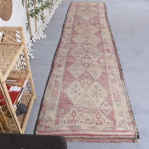 Runner Rugs, Muted Herki Rug, Vintage Rug, Turkish Rug, Antique Rug, Rugs For Stair, 3x13.5 ft Pink Rug, Hallway Rugs, Handmade Wool Rug,