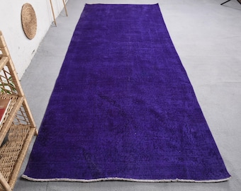Vintage Rug, 4.3x10.9 ft Turkish Rug, Purple White Bordered Wool Rug