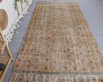 Vintage Turkish Rug, 4.5x9.5 ft Large Rug, Beige Blue Floral Rug