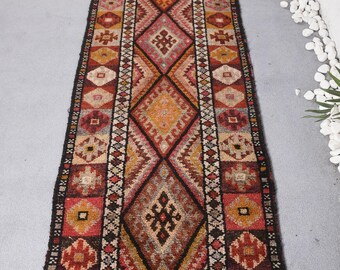 Vintage Turkish Rug 2.6x9.1 ft (80x276 cm), Herki Red Polka dot Rug