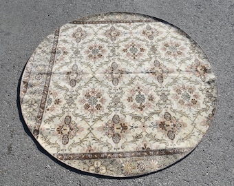 Alfombra turca, alfombra vintage de 5,5 x 5,5 pies, alfombra de lana ikat beige y marrón.